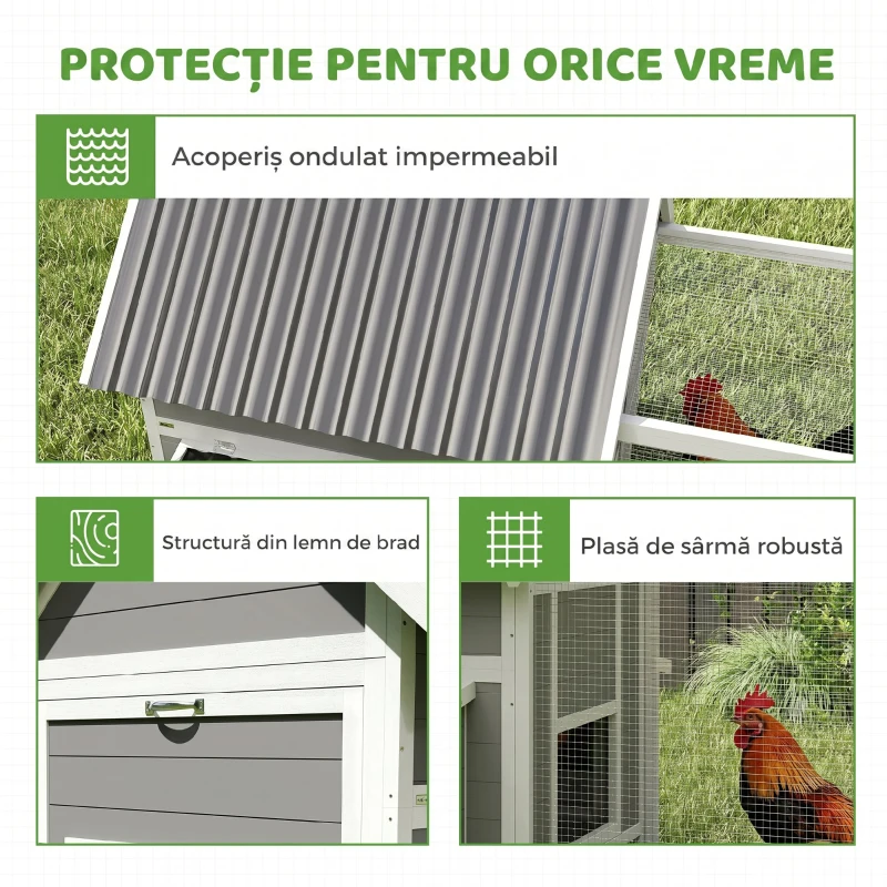 PawHut Coteț mare pentru 7-10 găini, bățuri de cocoțat, leagăn, fereastră, cuiburi, plasă metalică, gri