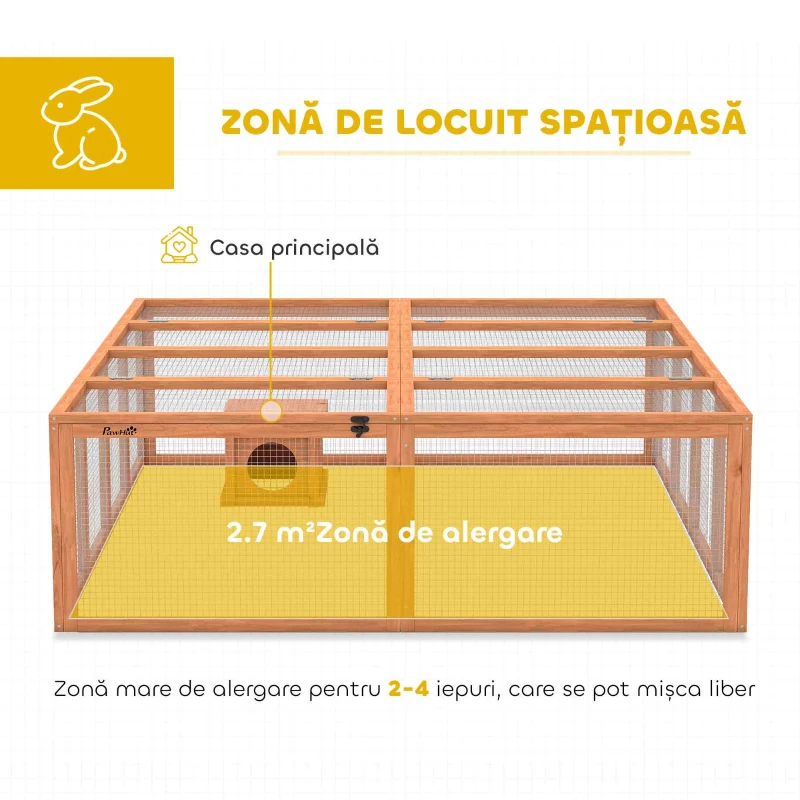 PawHut Tarc liber pentru iepuri din lemn cu 2 uși adăpost pentru 2-4 iepuri pitici 180,4 x 150 x 48 cm Portocaliu
