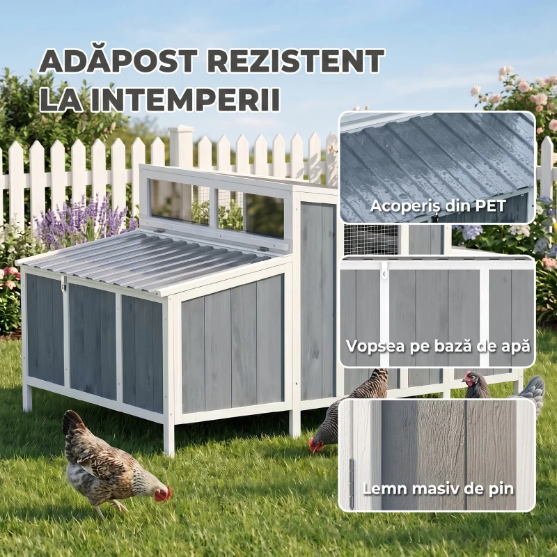 PawHut Cotet din lemn pentru găini cu ușă încuiabilă, cuib, acoperiș PET impermeabil pentru 3-4 găini, 145x90x92 cm, Gri