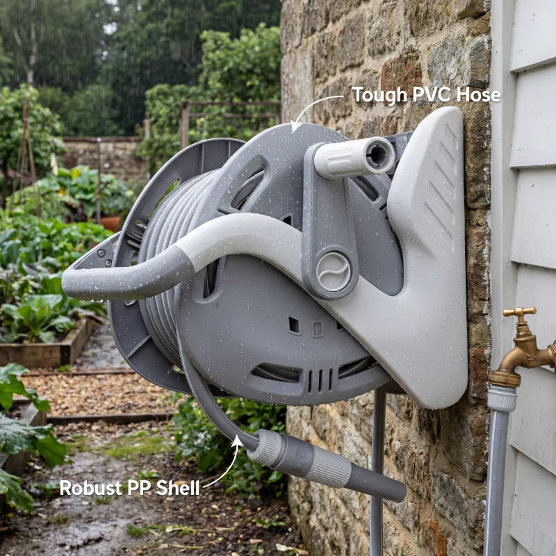 Outsunny Portable Garden Hose Reel, 20+2 m Wall Mounted Hose Reel with 2 Patterns Spray Nozzle and Crank Handle, Grey