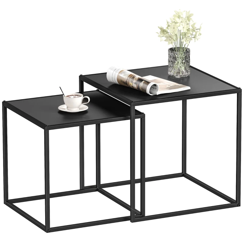 HOMCOM bijzettafel, salontafel, gedekte tafel, set van 2, modern design, stalen frame, zwart, 40 x 40 x 40 cm