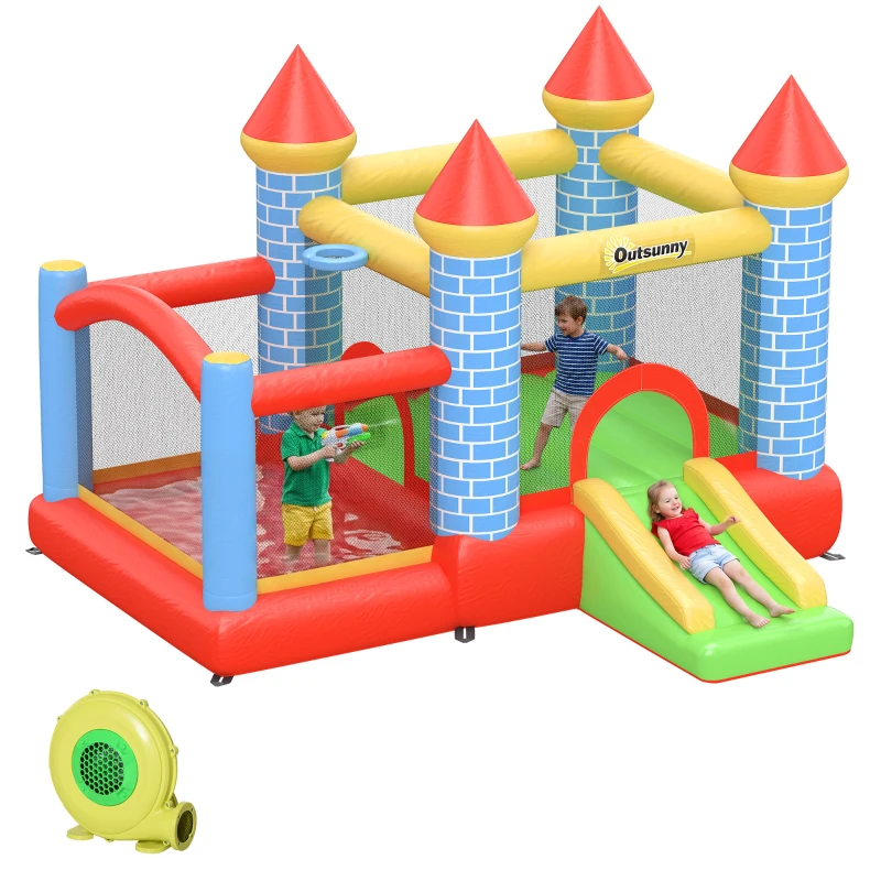 Outsunny opblaasbaar springkasteel met glijbaan voor 3 kinderen springkasteel met blazer speelkasteel, rood, blauw, groen 280 x 260 x 210 cm