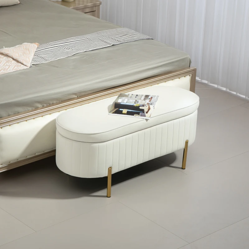 HOMCOM Panca Contenitore Ovale da 72L con Coperchio Sollevabile, in Tessuto Vellutato e Legno, 108x44x43.5 cm, Crema