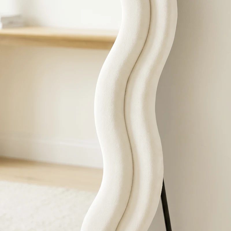 HOMCOM Full Length Mirror, 160 x 60 cm Wavy Full Body Wall Standing Mirror with Velvet Frame and Tempered Glass, Cream White