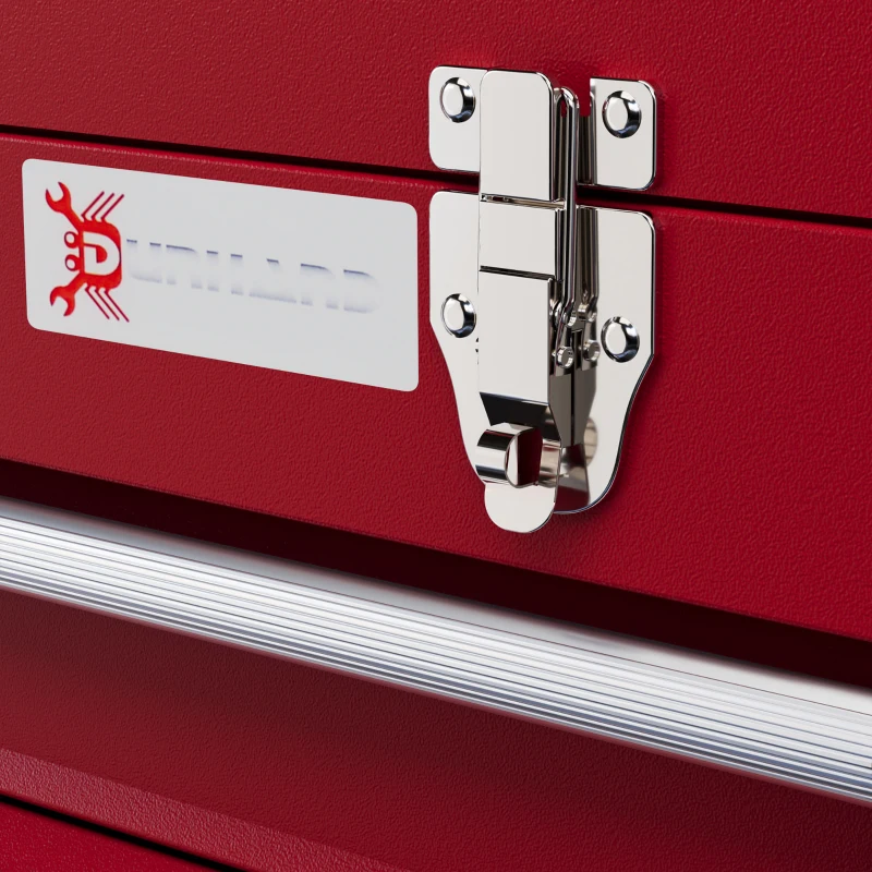 DURHAND Cassetta Porta Attrezzi in Acciaio con 4 Cassetti, Vassoio Superiore a Doppia Serratura, 51x22x39.5 cm, Rosso