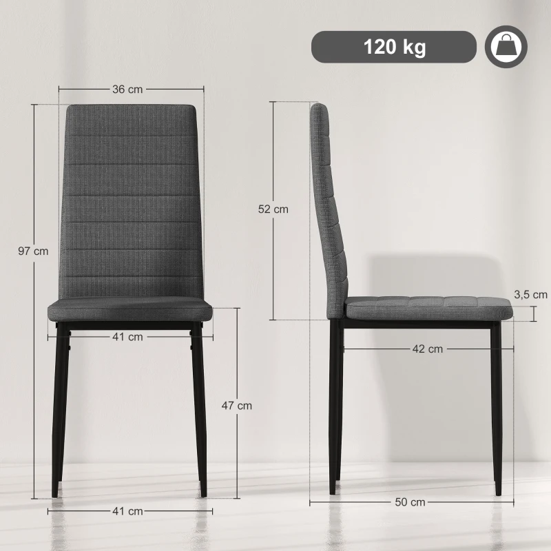 HOMCOM Pack de 6 Sillas de Comedor Modernas Tapizadas en Lino Sintético con Respaldo Alto y Patas de Metal 41x50x97 cm Gris