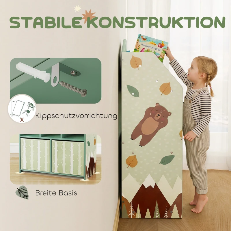 AIYAPLAY Kinderregal Bücherregal Kinder mit 2 Stoffschubladen offen Regal für 3-8 Jahre 62,5x30x91,5 cm Grün