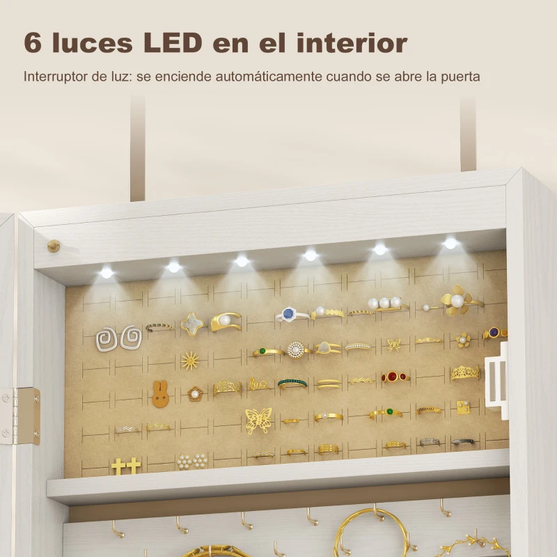 HOMCOM Espejo Joyero con Luz LED Armario Joyero Montado en la Pared o en la Puerta con Cerradura Espejo Entero Blanco