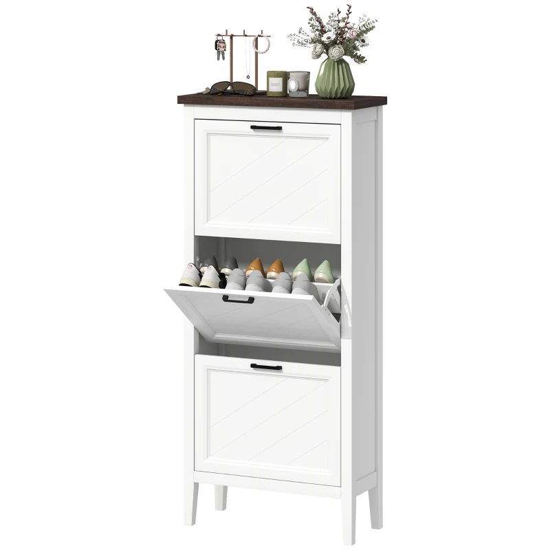 HOMCOM Shoe Cabinet with 3 Flip Drawers, Farmhouse Narrow Shoe Storage Cabinet with Adjustable Shelves, White