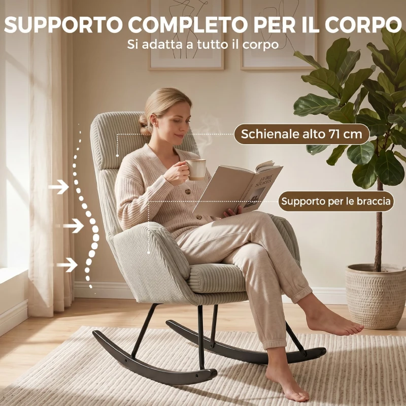 HOMCOM Sedia a Dondolo in Velluto a Coste con Schienale Alto, Seduta Ampia e Gambe in Legno, Beige
