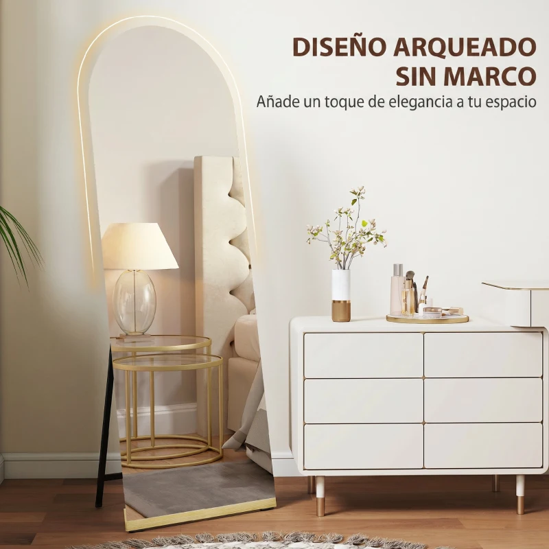 HOMCOM Espejo de Cuerpo Entero Curvado 160x50 cm sin Marco Base de Madera Espejo de Pie Transparente