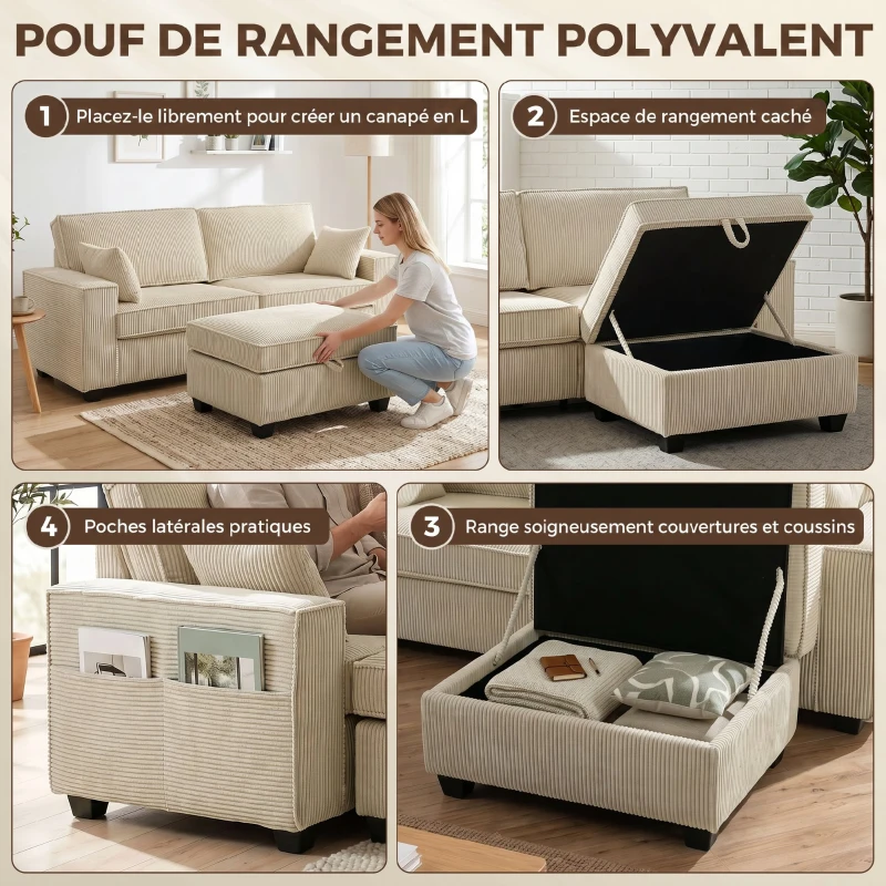 HOMCOM Canapé 3 Places avec Pouf de Rangement, Canapé d'Angle en Velours Côtelé, Assise Large, 2 Coussins, Beige