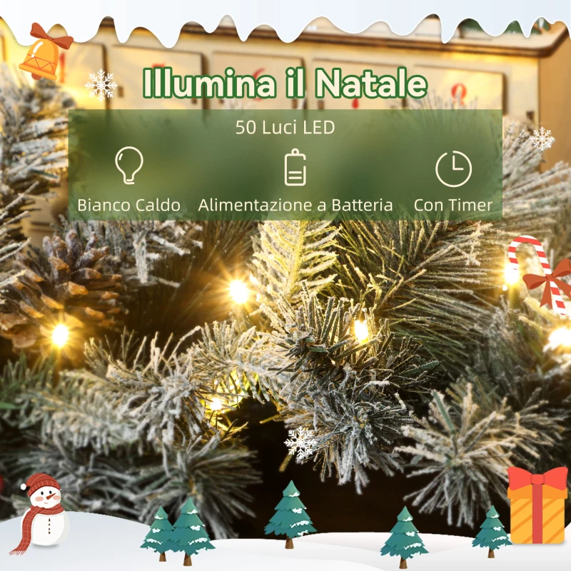 HOMCOM Ghirlanda Natalizia Ø25x180 cm con 50 Luci LED, Bacche e Pigne, in Plastica e Metallo, Verde e Bianco