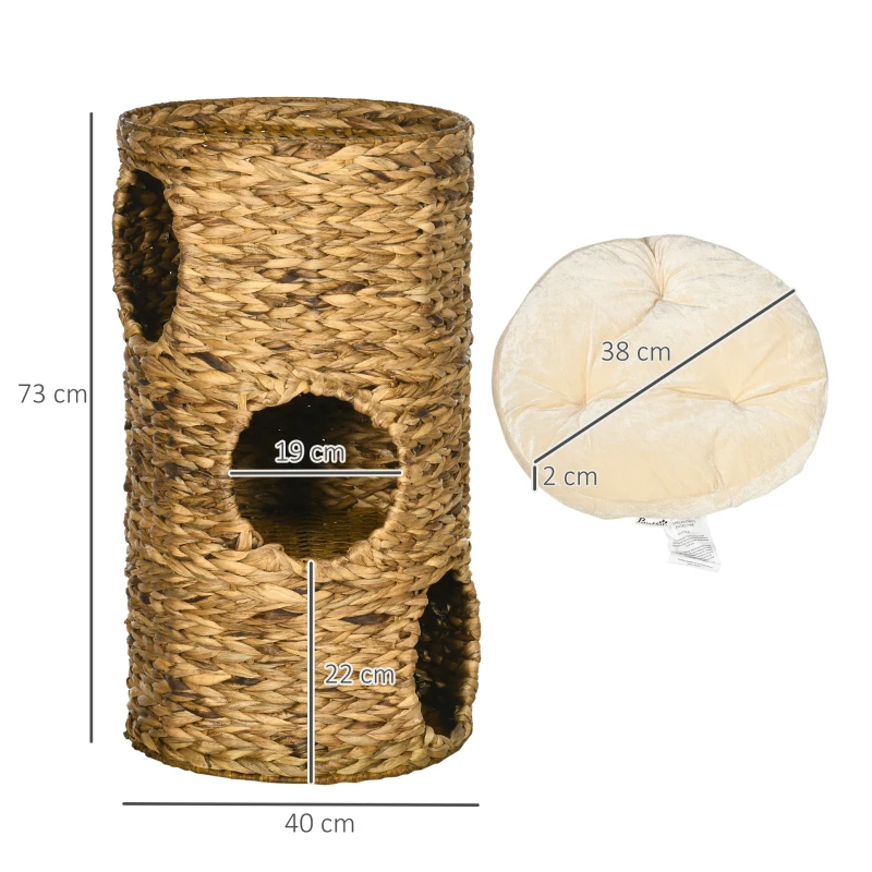 PawHut Tonneau à Gratter pour Chat 3 Niveaux, Coussins, Tressage en Jacinthe d'Eau, Cadre en Acier, Ø 40 x 73 cm, Marron Clair