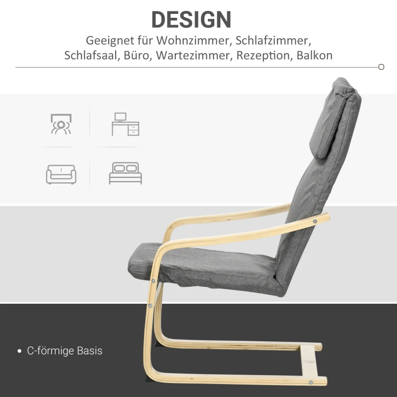 HOMCOM Fauteuil in linnenlook met hoofdsteun en armleuningen, houten frame, grijs+naturel