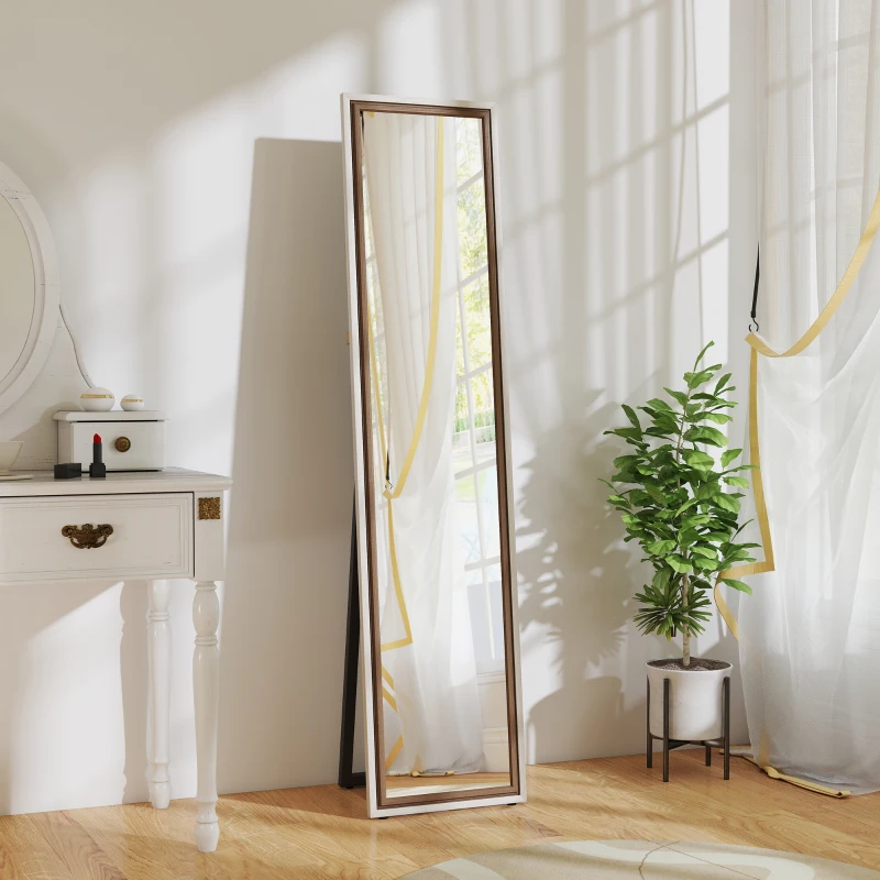 HOMCOM Espejo de Cuerpo Entero 157x37 cm con Marco Bicolor Espejo de Pie Inclinado o Colgante Blanco y Marrón