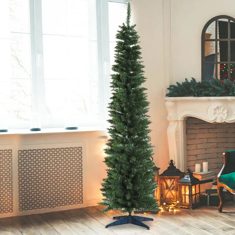HOMCOM Árbol de Navidad Artificial Estrecho 210 cm con 499 Ramas y Base Desmontable Fácil de Montar Verde