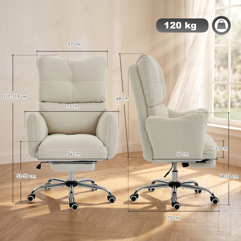HOMCOM Bürostuhl mit Fußstütze, Ergonomischer Drehstuhl mit Wippfunktion, Verstellbarer Hohe Rückenlehne, Schneeflanellstoff