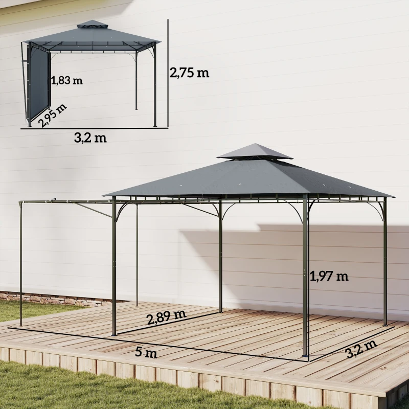 Outsunny Pavillon 3,2x3,2 m Stabil Winterfest Gartenpavillon mit ausziehbaren Dachüberstand, Doppeldach Dunkelgrau