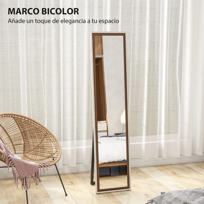 HOMCOM Espejo de Cuerpo Entero 157x37 cm con Marco Bicolor Espejo de Pie Inclinado o Colgante Blanco y Marrón