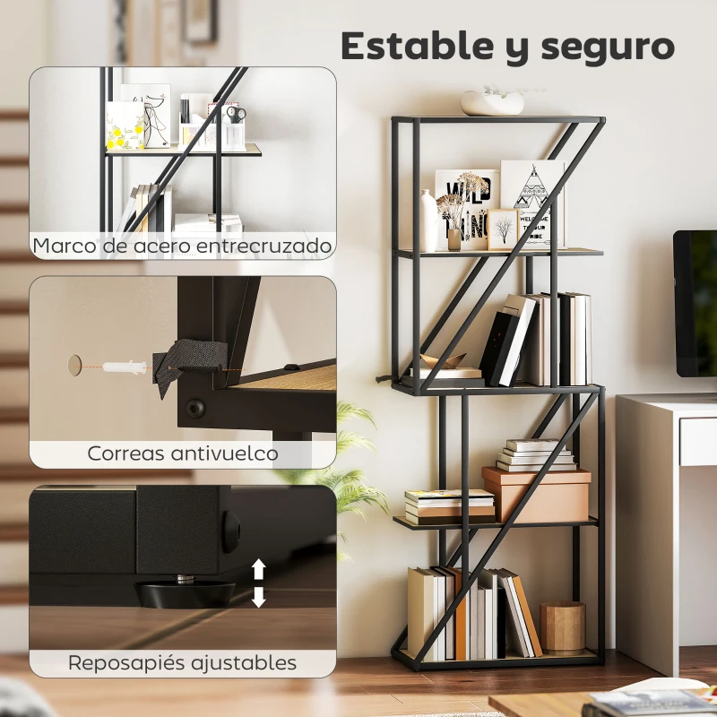 HOMCOM Librería de 5 Niveles Estantería para Libros Industrial con Estantes Abiertos y Marco de Acero 60x30x165 cm Roble