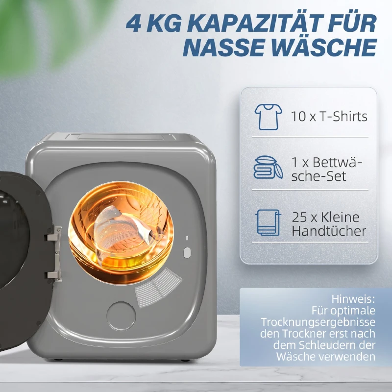 HOMCOM Afvoerdroger 4 kg met slimme modus, 800 W compacte droger met roestvrijstalen trommel, zilver