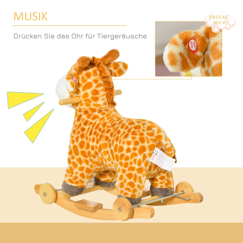HOMCOM 2-IN-1 schommelpaard met wielen pluche schimmeldier babyschommel speelgoed voor 36-72 maanden kinderen tinten PP vezels geel 63 x 38 x 63 cm