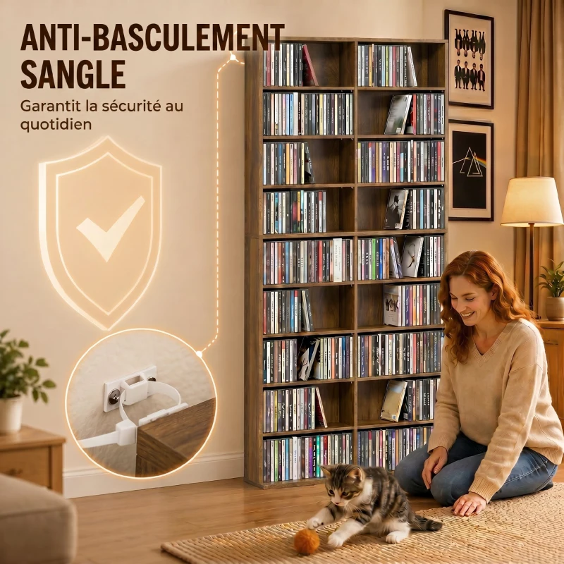 HOMCOM Rangements pour CD et DVD 18 compartiments capacité max. 640 CD/360 DVD 430 Blu-ray 78,5 x 24 x 175 cm noyer foncé