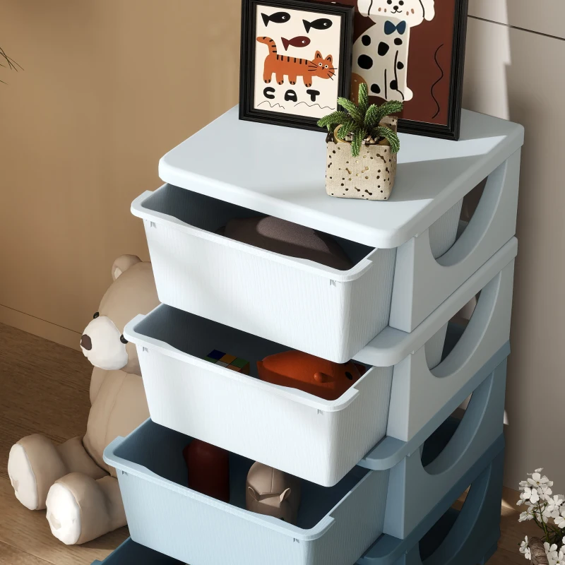 HOMCOM Torre de Almacenamiento Infantil con 4 Cajones para Niños de +3 Años con Bordes Redondeados y Asas 37x37x76 cm Azul