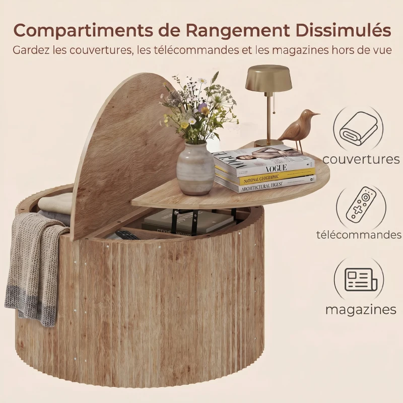 HOMCOM Table basse relevable, table de salon avec compartiment caché et plateau à fermeture douce, bois naturel