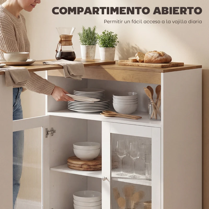 HOMCOM Mesa de Bar Extensible y Giratoria 90° con Estantes Abiertos y 2 Puertas de Vidrio 150x80x105,5 cm Blanco y Natural