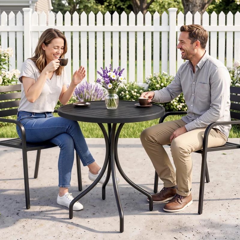 Outsunny Table de jardin ronde Ø66cm, table d'exterieur en acier galvanisé avec plateau à lattes pour terrasse, balcon, noir