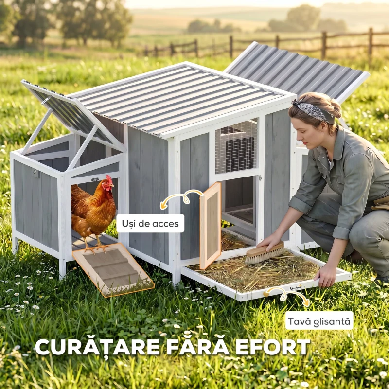 PawHut Cotet din lemn pentru găini cu ușă încuiabilă, cuib, acoperiș PET impermeabil pentru 3-4 găini, 145x90x92 cm, Gri