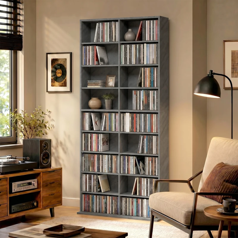 HOMCOM Rangements pour CD et DVD 18 compartiments capacité max. 640 CD/360 DVD 430 Blu-ray 78,5 x 24 x 175 cm gris clair