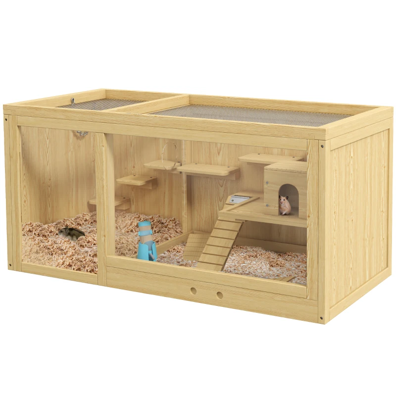 PawHut Knaagdierkooi, Sparrenhout, inclusief accessoires en drinkfles, 100 x 50 x 50 cm, Natuurlijk