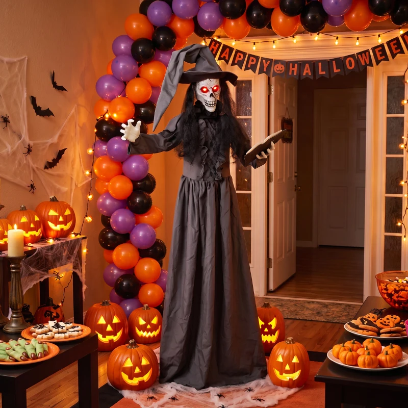 HOMCOM 180 cm Halloween Animierte Hexe Dekoration Lebensgroß mit leuchtenden Augen, Gruseliger Sound, Berührungsaktivierung