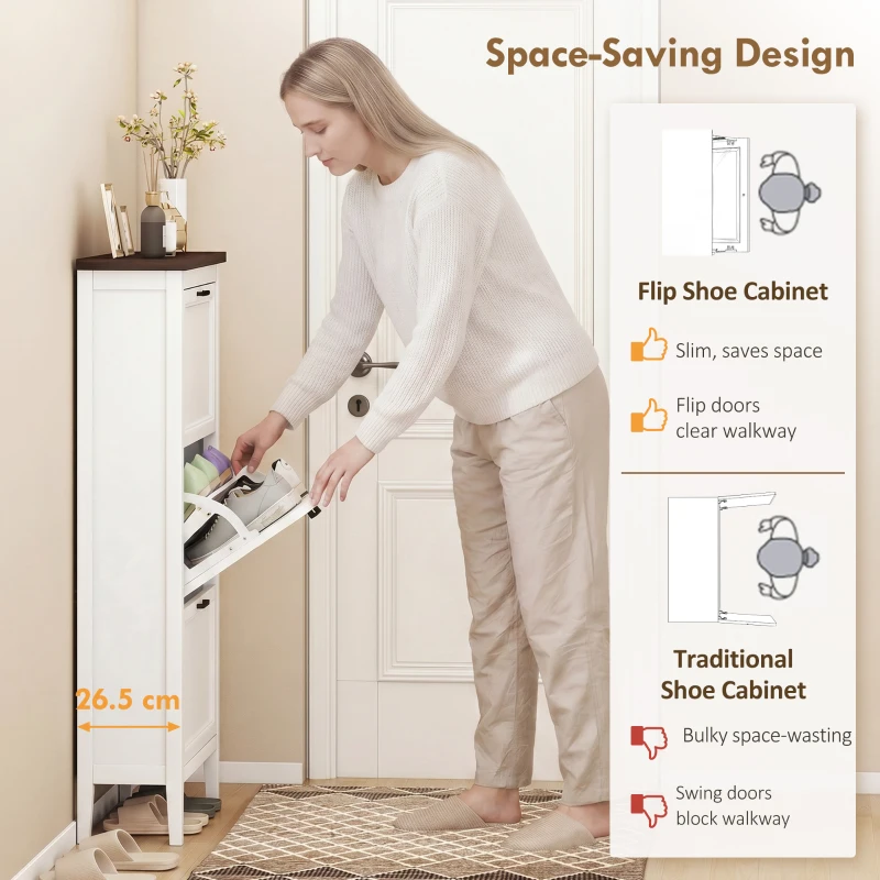 HOMCOM Shoe Cabinet with 3 Flip Drawers, Farmhouse Narrow Shoe Storage Cabinet with Adjustable Shelves, White