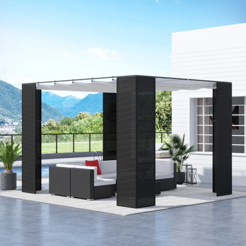 Outsunny Gazebo Pergola da Giardino 3x3m con Tenda Scorrevole, Struttura in Metallo e Rattan PE, Nero