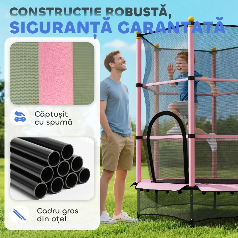 HOMCOM Trambulină elastică pentru copii cu plasă de siguranță și stâlpi căptușiți, vârsta 3-10 ani, Ø140 x 190 cm, roz