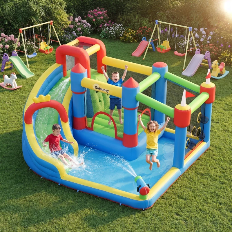 Outsunny Château gonflable aire de jeux avec toboggan trampoline piscines + 3-8 ans 390 x 300 x 197 cm - multicolore