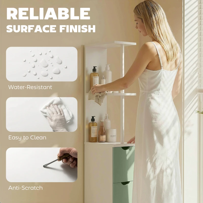 HOMCOM Slim Bathroom Storage Cabinet, Tall Bathroom Floor Cabinet with 2-Tier Shelf and 2 Drawers, White and Light Green
