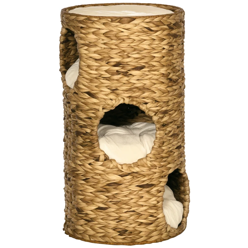 PawHut Tonneau à Gratter pour Chat 3 Niveaux, Coussins, Tressage en Jacinthe d'Eau, Cadre en Acier, Ø 40 x 73 cm, Marron Clair