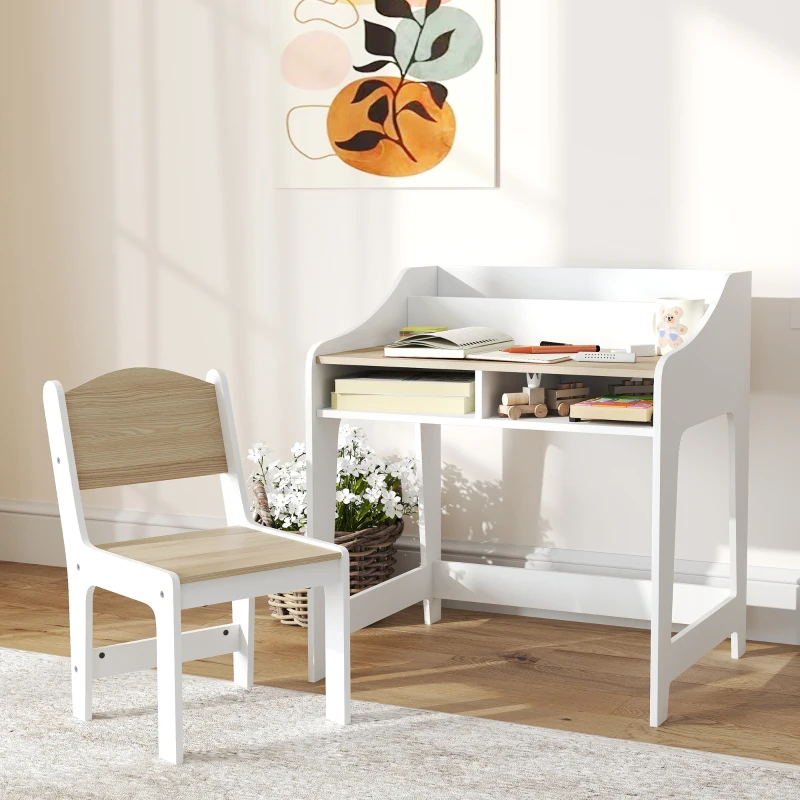 AIYAPLAY Kids Desk and Chair Set, Children Study Table with Storage and Shelves for Study Room, Gift for 3-8 Years, Natural