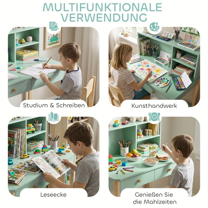 AIYAPLAY Kinderschreibtisch Schülerschreibtisch mit Schubladen Regal Stauraum für 5-12 Jahre Kinder 90 x 52 x 105 cm Grün