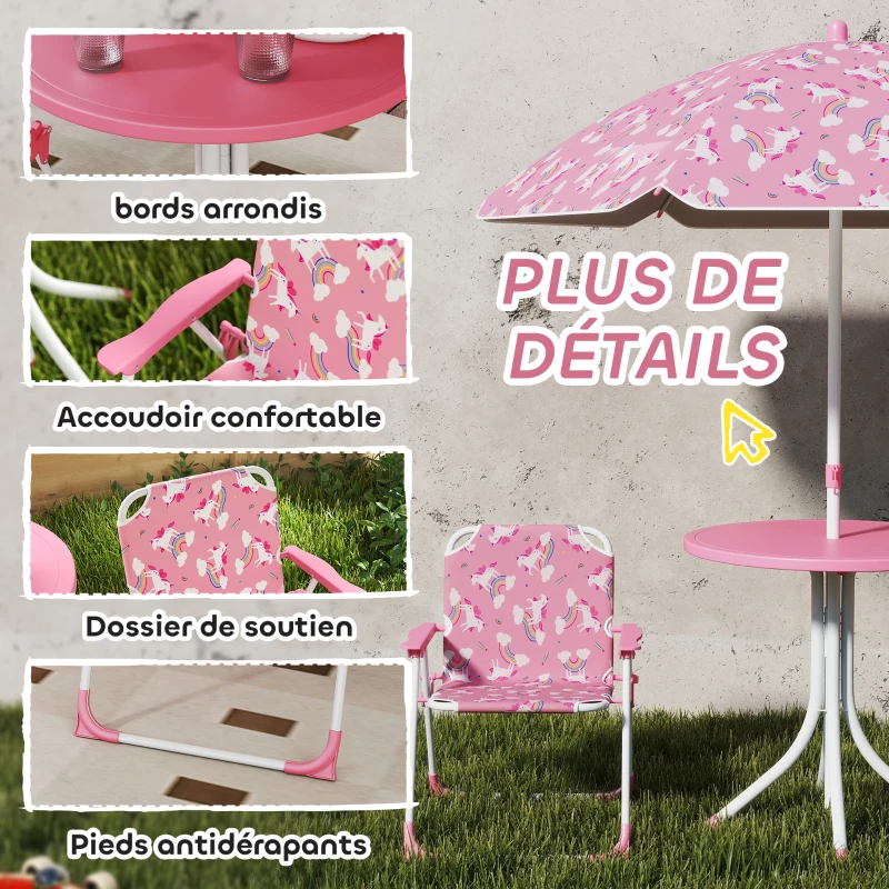 AIYAPLAY Salon de jardin enfant, table enfant avec 2 chaises pliantes et parasol amovible Ø 100 cm, motif jungle, rose