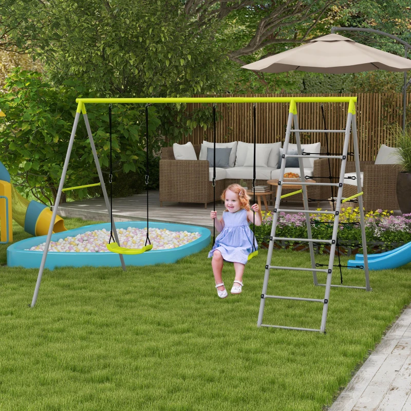 Outsunny Columpio para Niños con Altura Ajustable 2 Sillas Trepador Red de Escalada y Anti-UV 260x185x180 cm Gris y Verde