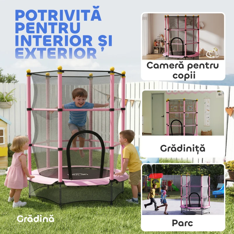 HOMCOM Trambulină elastică pentru copii cu plasă de siguranță și stâlpi căptușiți, vârsta 3-10 ani, Ø140 x 190 cm, roz