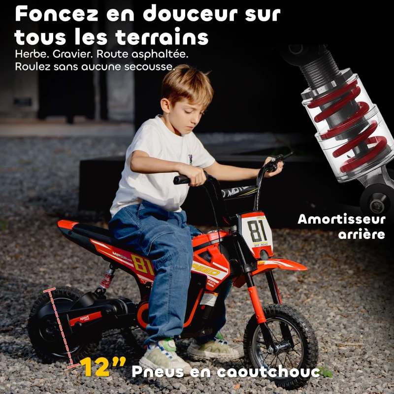 AIYAPLAY Moto électrique enfants 24V, moteur 250W, vitesse 6,4-16 km/h, pour enfants 8-12 ans, suspension arrière, rouge