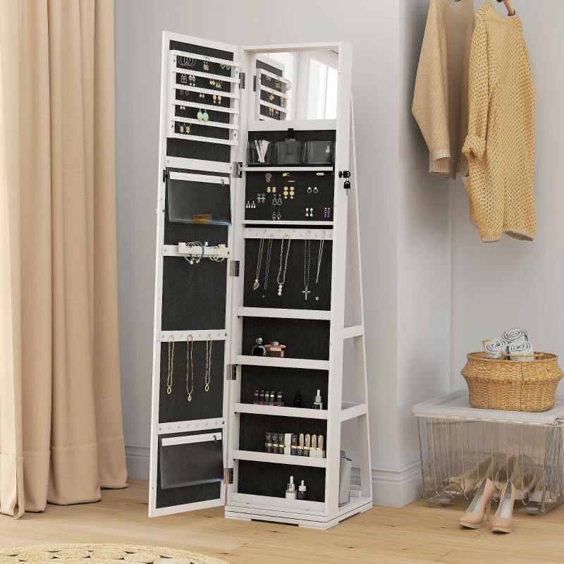 HOMCOM Armoire à Bijoux pivotante verrouillable boîte à bijoux avec Miroir - Armoire Bijoux Multi-Rangement - en Bois Blanc