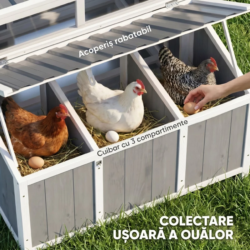 PawHut Cotet din lemn pentru găini cu ușă încuiabilă, cuib, acoperiș PET impermeabil pentru 3-4 găini, 145x90x92 cm, Gri